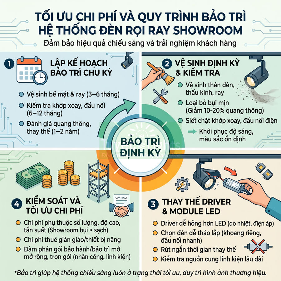 Hướng dẫn bảo trì định kỳ và tối ưu chi phí cho hệ thống đèn rọi ray LED showroom