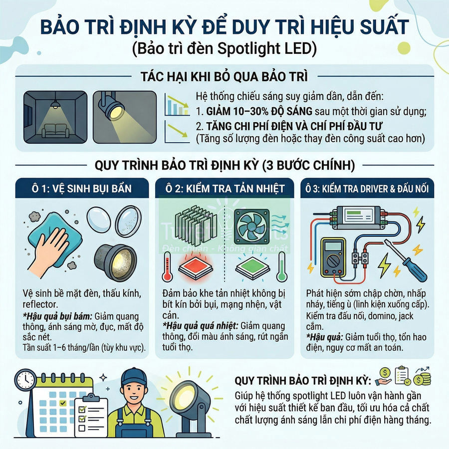 Hướng dẫn bảo trì định kỳ đèn spotlight LED với quy trình vệ sinh, kiểm tra tản nhiệt và driver kết nối