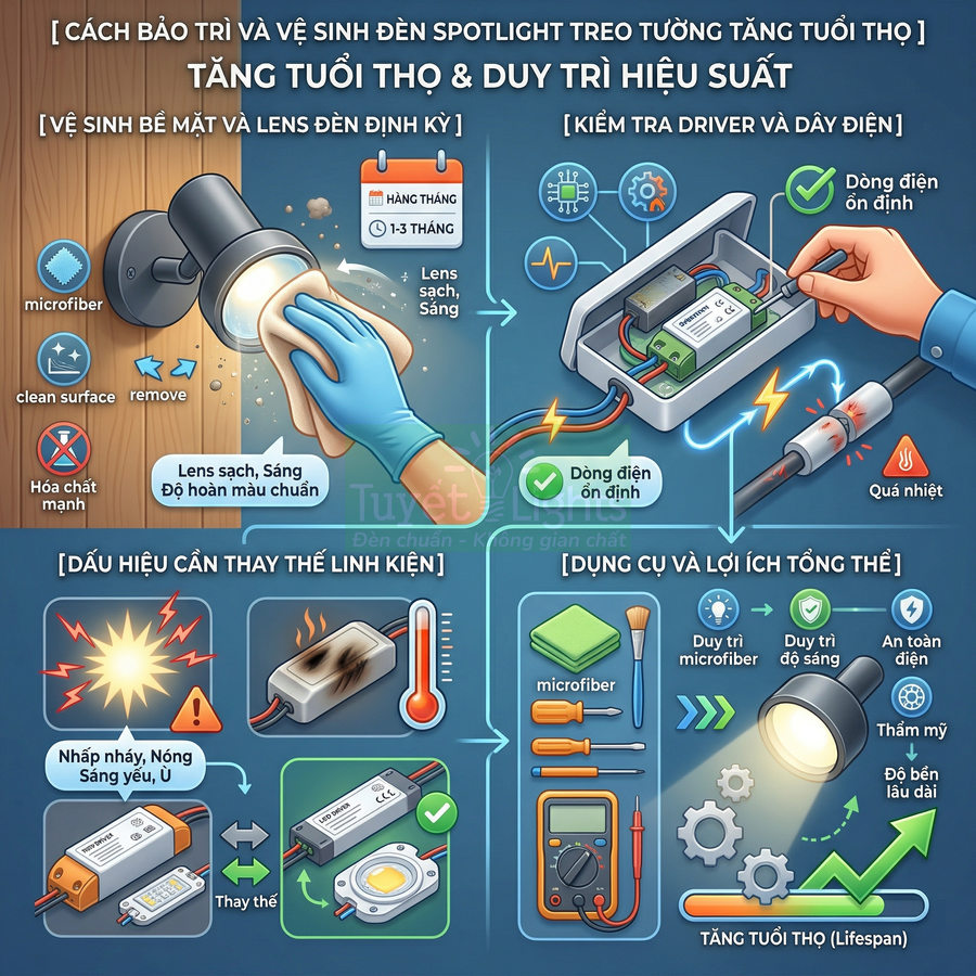 Hướng dẫn bảo trì và vệ sinh đèn spotlight treo tường, kiểm tra driver và dây điện để tăng tuổi thọ và hiệu suất đèn