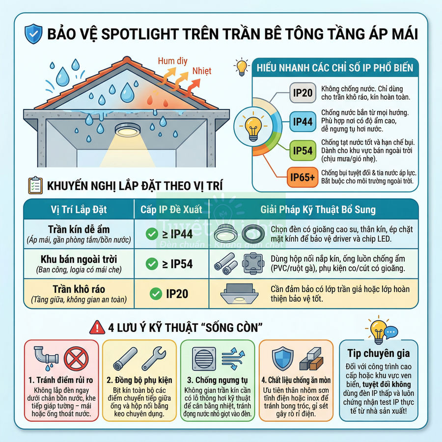 Hướng dẫn bảo vệ đèn spotlight âm trần bê tông tầng áp mái với các cấp độ chống nước IP20 IP44 IP54 IP65