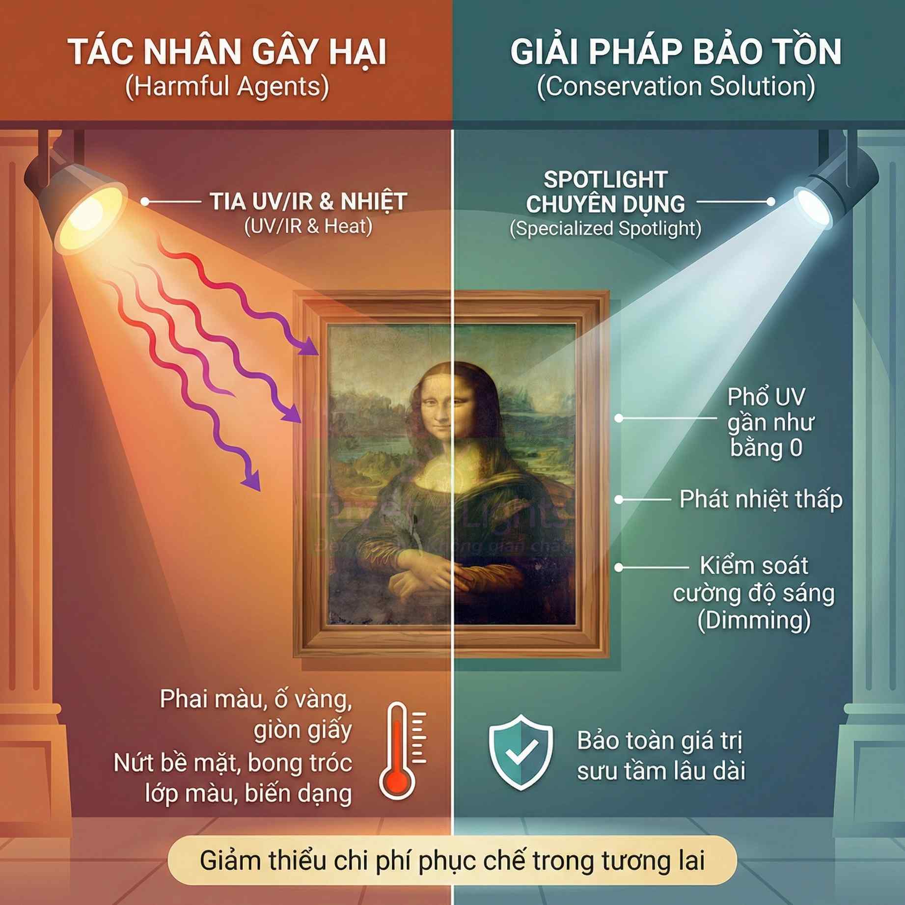 So sánh tác hại tia UV nhiệt và lợi ích đèn spotlight chuyên dụng trong bảo tồn tranh Mona Lisa