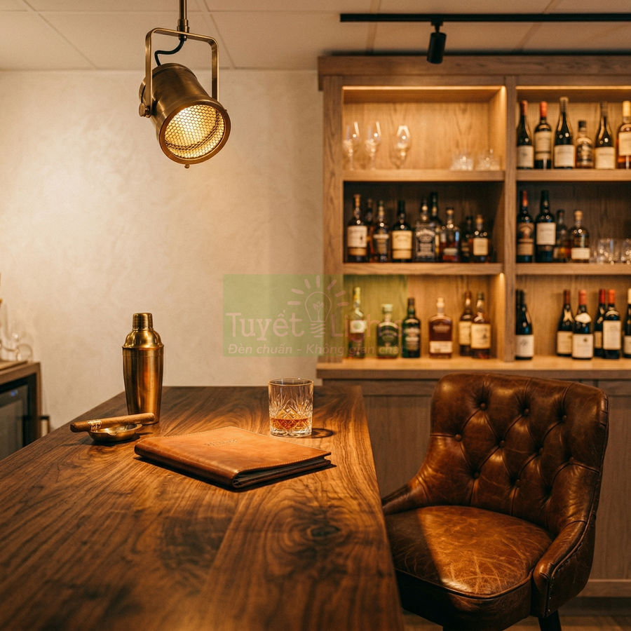 Đèn spotlight trang trí quán bar chiếu sáng quầy gỗ với ghế da và kệ rượu phía sau