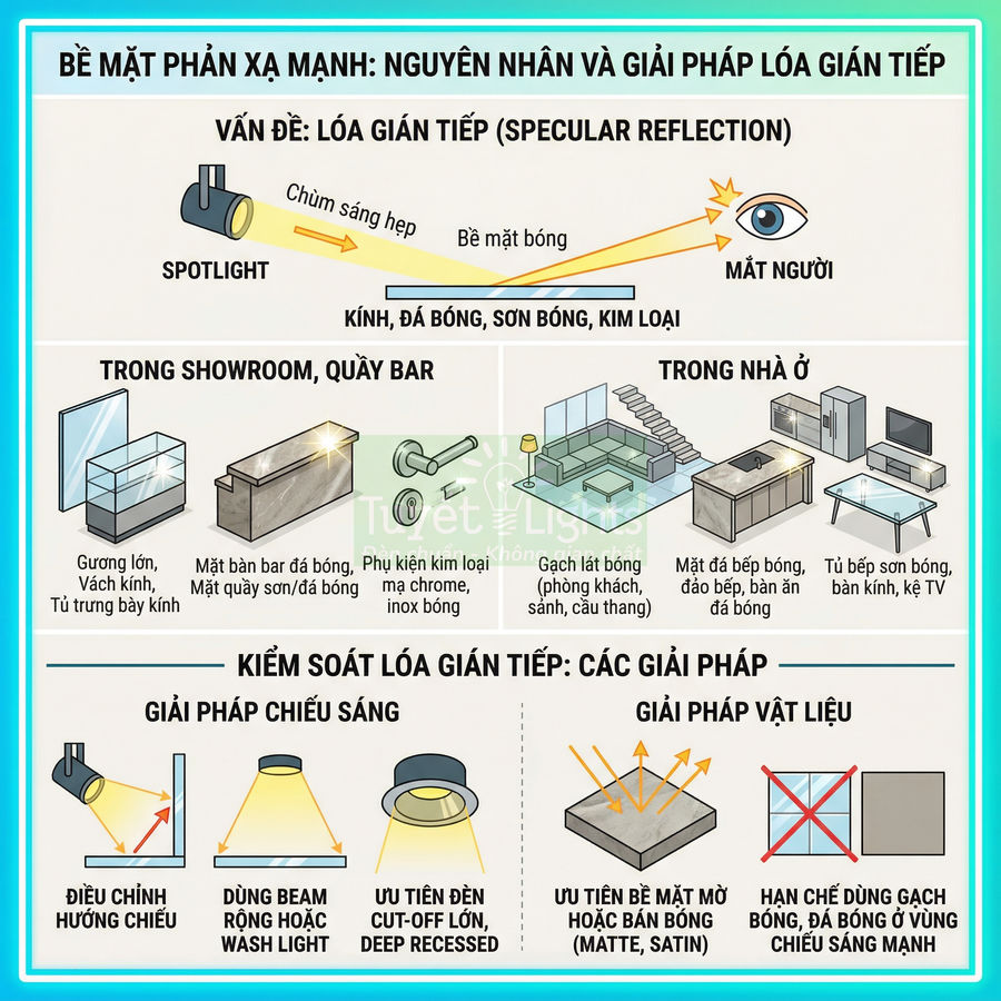 Infographic về nguyên nhân lóa gián tiếp trên bề mặt phản xạ mạnh và các giải pháp chiếu sáng, vật liệu hạn chế lóa