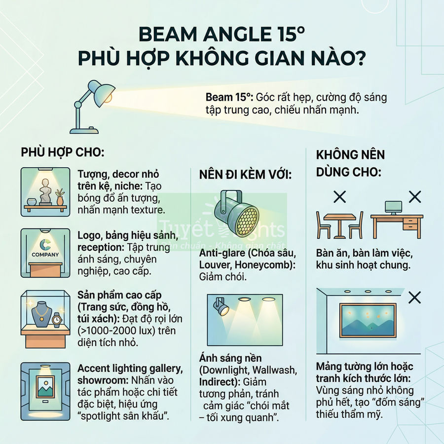 Infographic hướng dẫn chọn góc chiếu đèn LED beam angle 15 độ cho từng không gian nội thất
