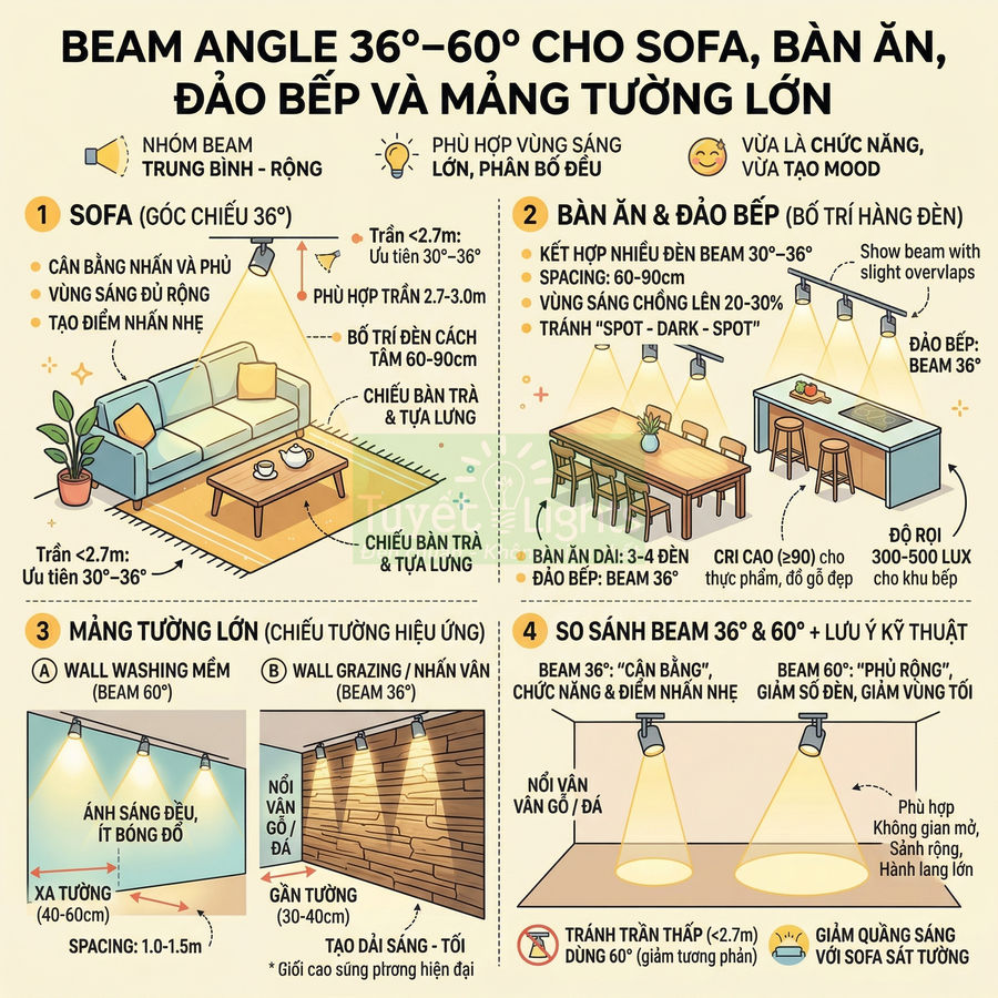 Hướng dẫn chọn góc chiếu đèn LED beam 36 60 độ cho sofa, bàn ăn, đảo bếp và mảng tường lớn trong nhà