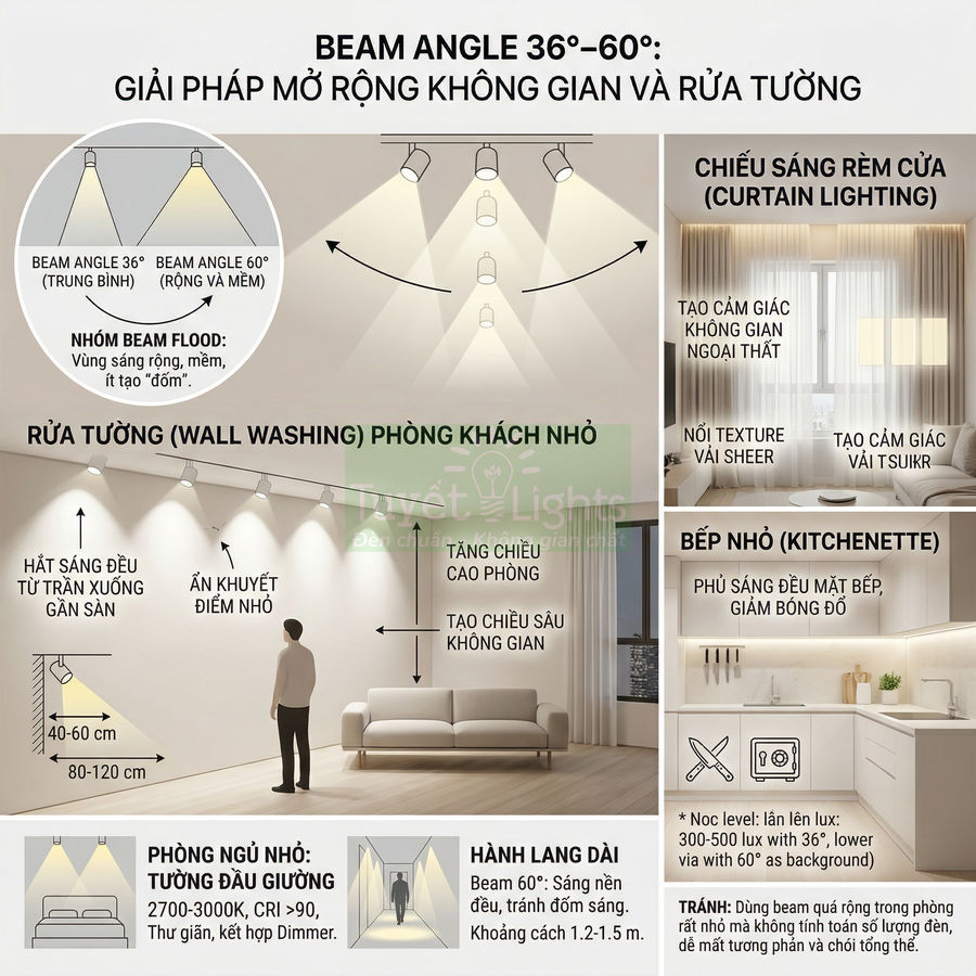 Minh họa giải pháp chiếu sáng đèn downlight beam angle 36 60 độ cho phòng khách, rèm cửa, bếp nhỏ và hành lang