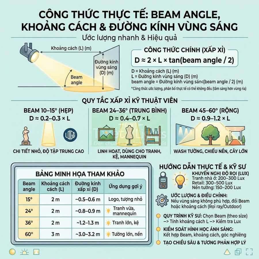 Infographic hướng dẫn tính beam angle, khoảng cách và đường kính vùng sáng cho đèn chiếu sáng nội thất