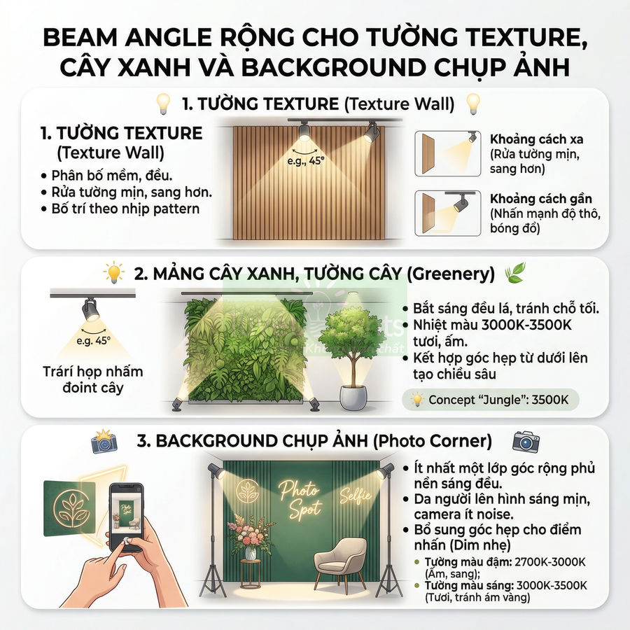 Hướng dẫn bố trí đèn chiếu góc rộng cho tường gỗ texture, mảng cây xanh và background chụp ảnh studio