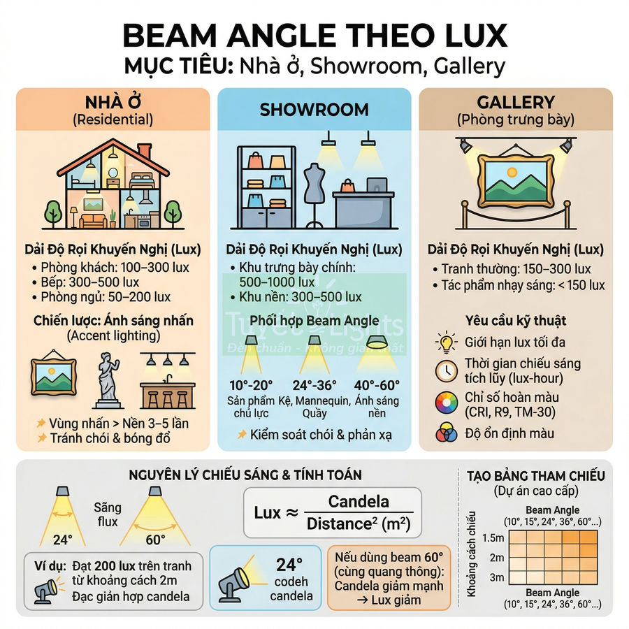 Infographic hướng dẫn chọn góc chiếu đèn LED theo lux cho nhà ở showroom và gallery trưng bày tranh