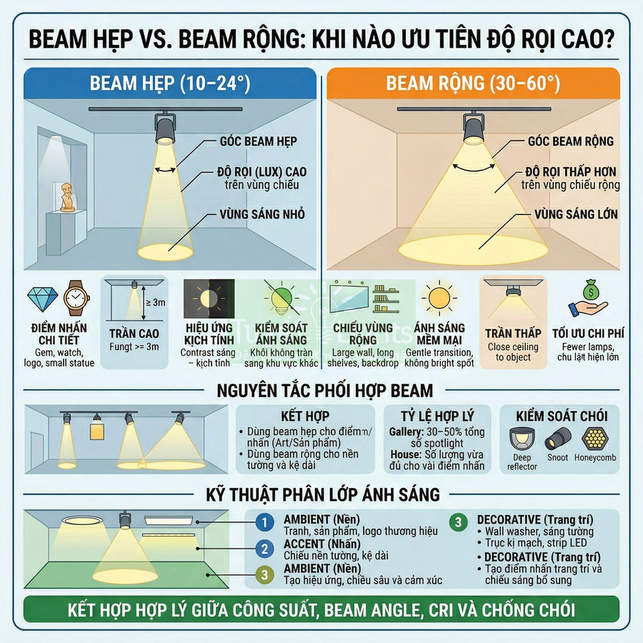 Infographic so sánh beam hẹp và beam rộng trong thiết kế chiếu sáng, ứng dụng cho trần nhà và trưng bày sản phẩm