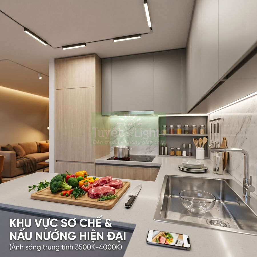 Đèn led Tuyết Light chiếu sáng khu bếp hiện đại với đảo bếp, thực phẩm tươi và bếp từ đang nấu