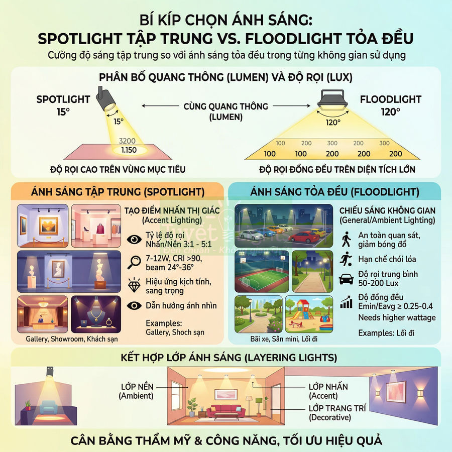 Infographic hướng dẫn chọn ánh sáng spotlight tập trung và floodlight tỏa đều cho không gian nội thất và ngoại thất