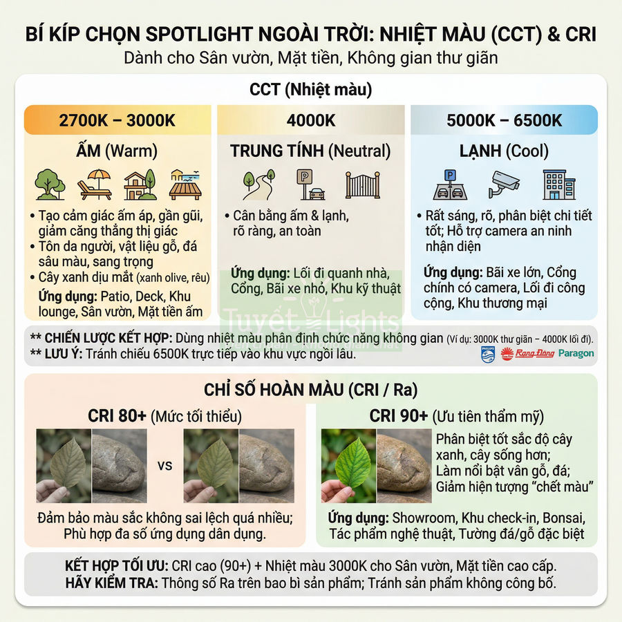 Infographic hướng dẫn chọn spotlight ngoài trời theo nhiệt màu CCT và chỉ số hoàn màu CRI cho sân vườn, mặt tiền
