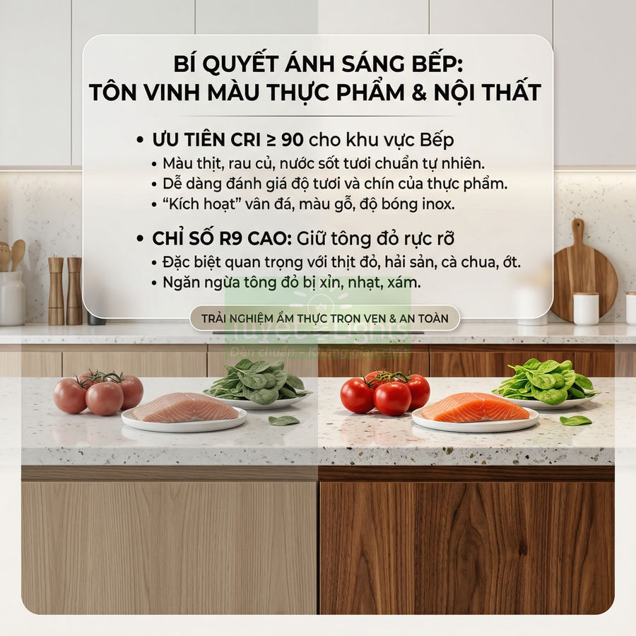 Quầy bếp hiện đại với cá hồi, thịt sống, cà chua và rau xanh được chiếu sáng nổi bật màu sắc tươi ngon