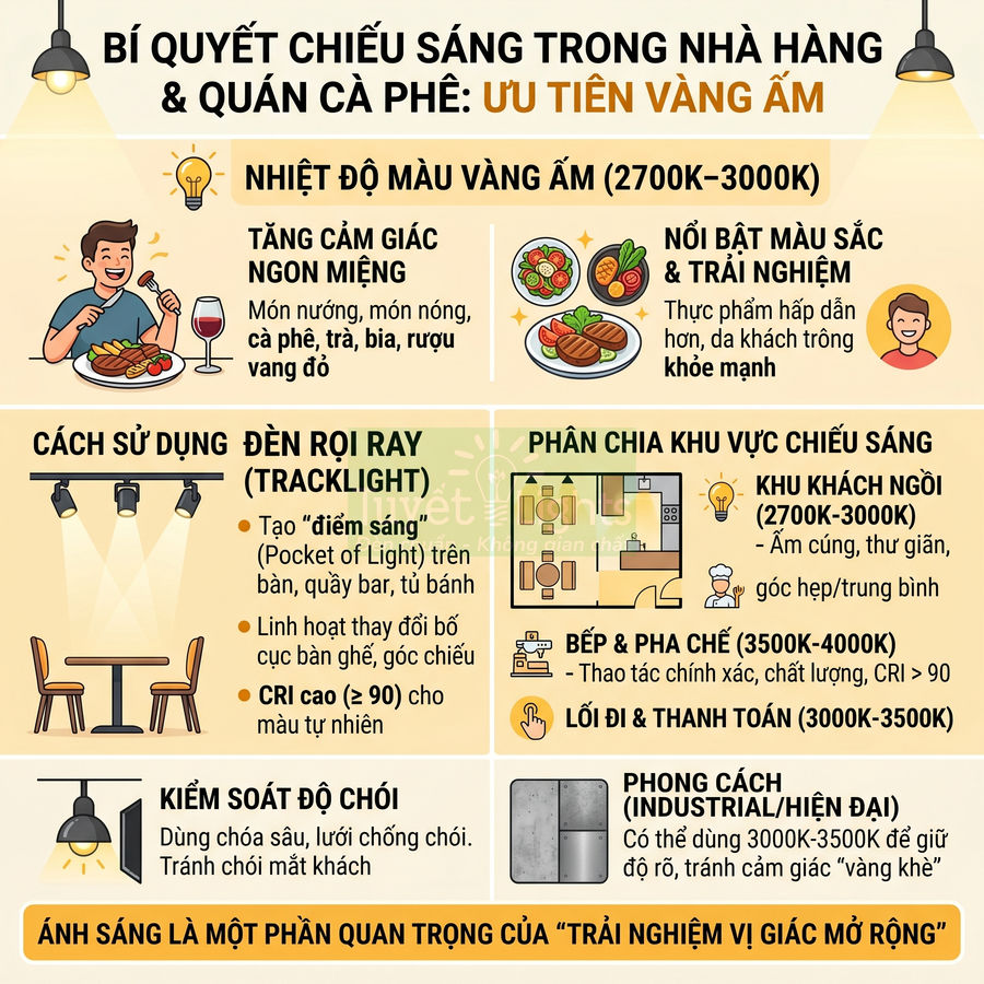 Infographic bí quyết chiếu sáng vàng ấm cho nhà hàng quán cà phê với đèn rọi ray và phân chia khu vực chiếu sáng