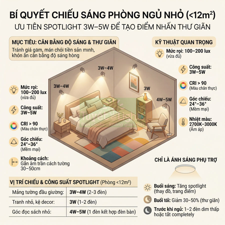 Minh họa bố trí đèn spotlight 3W 5W cho phòng ngủ nhỏ với giường, tủ đầu giường và ghế thư giãn