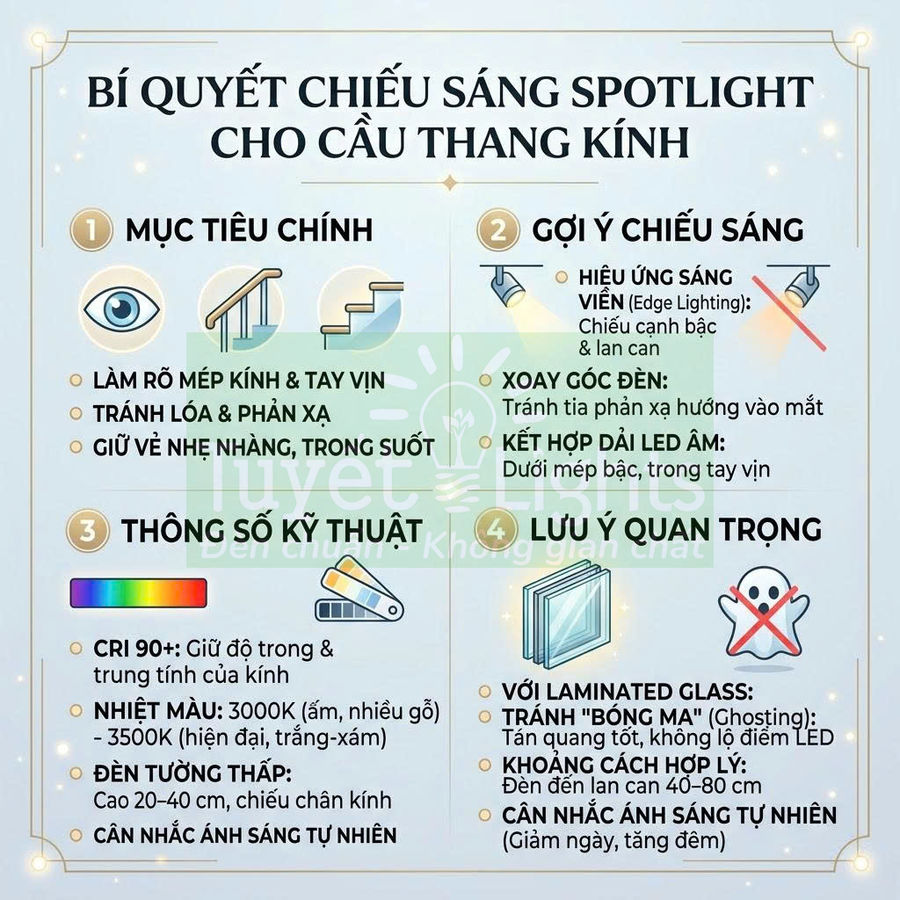 Infographic bí quyết chiếu sáng spotlight cho cầu thang kính với gợi ý đèn LED, thông số kỹ thuật và lưu ý lắp đặt