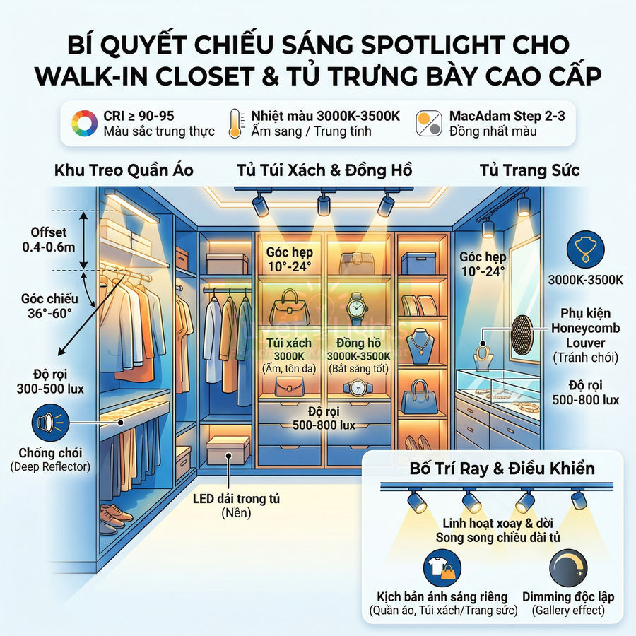 Hệ thống đèn spotlight LED chiếu sáng tủ quần áo walk in closet và tủ trưng bày túi xách đồng hồ trang sức
