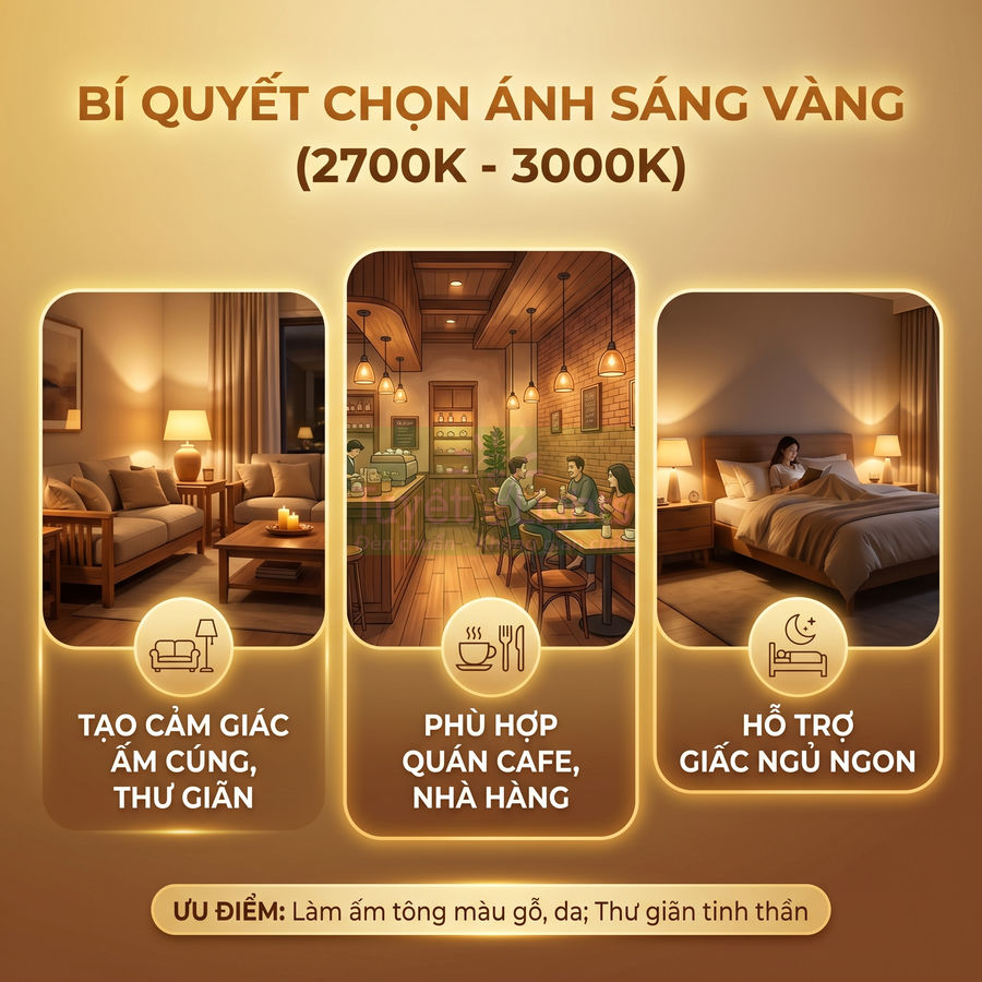 Hướng dẫn chọn đèn ánh sáng vàng 2700K 3000K cho phòng khách quán cafe nhà hàng và phòng ngủ ấm cúng