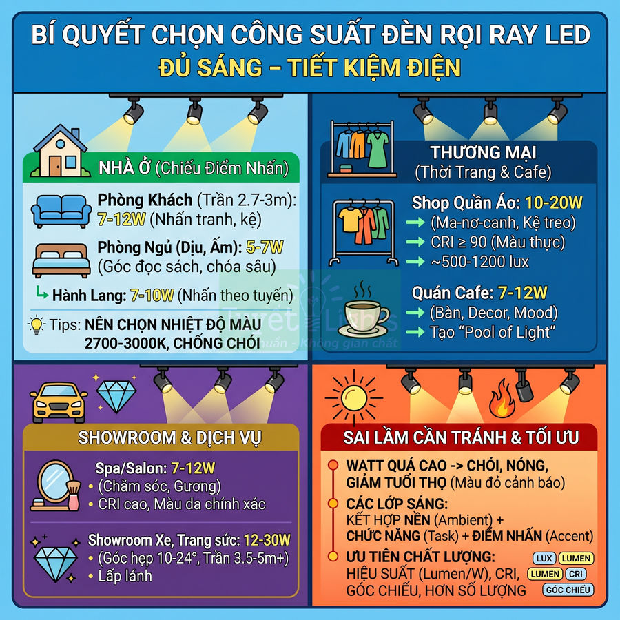 Infographic hướng dẫn chọn công suất đèn rọi ray LED cho nhà ở, shop quần áo, quán cafe và showroom tiết kiệm điện