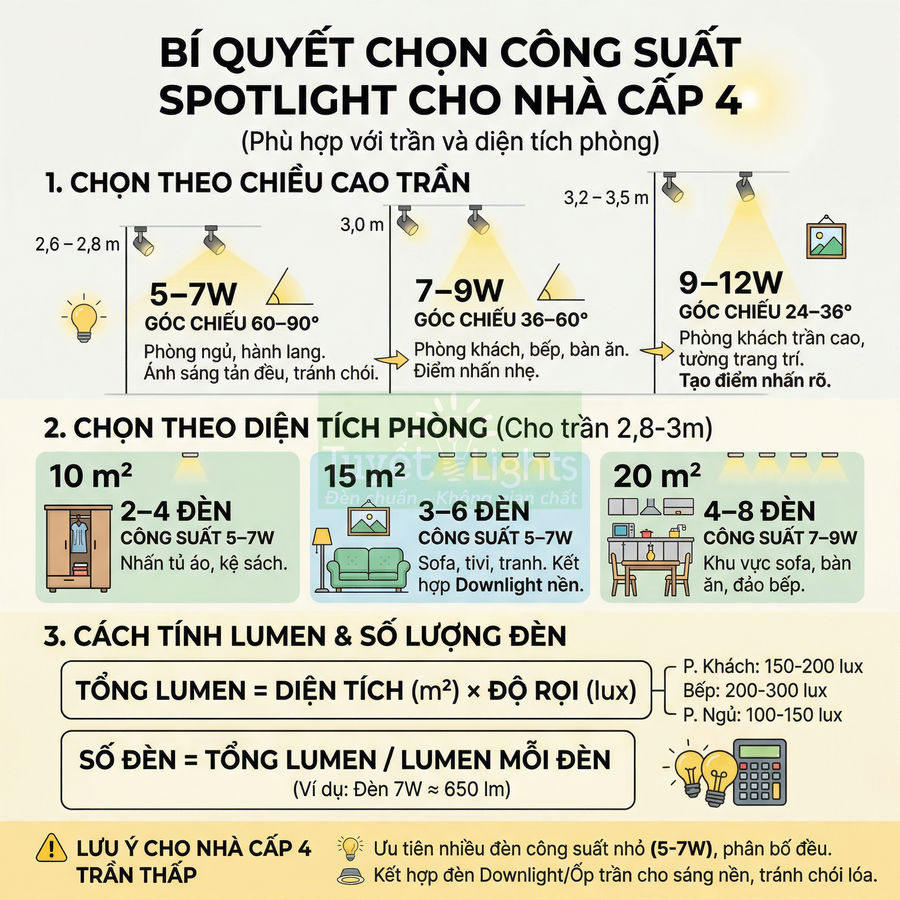 Infographic hướng dẫn chọn công suất đèn spotlight LED cho nhà cấp 4 theo chiều cao trần và diện tích phòng