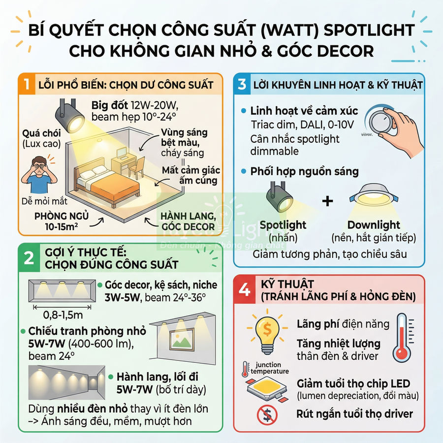 Infographic bí quyết chọn công suất đèn spotlight LED cho phòng nhỏ và góc decor