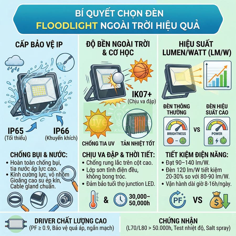 Infographic bí quyết chọn đèn LED floodlight ngoài trời hiệu quả về cấp bảo vệ IP, độ bền, hiệu suất và tiết kiệm điện