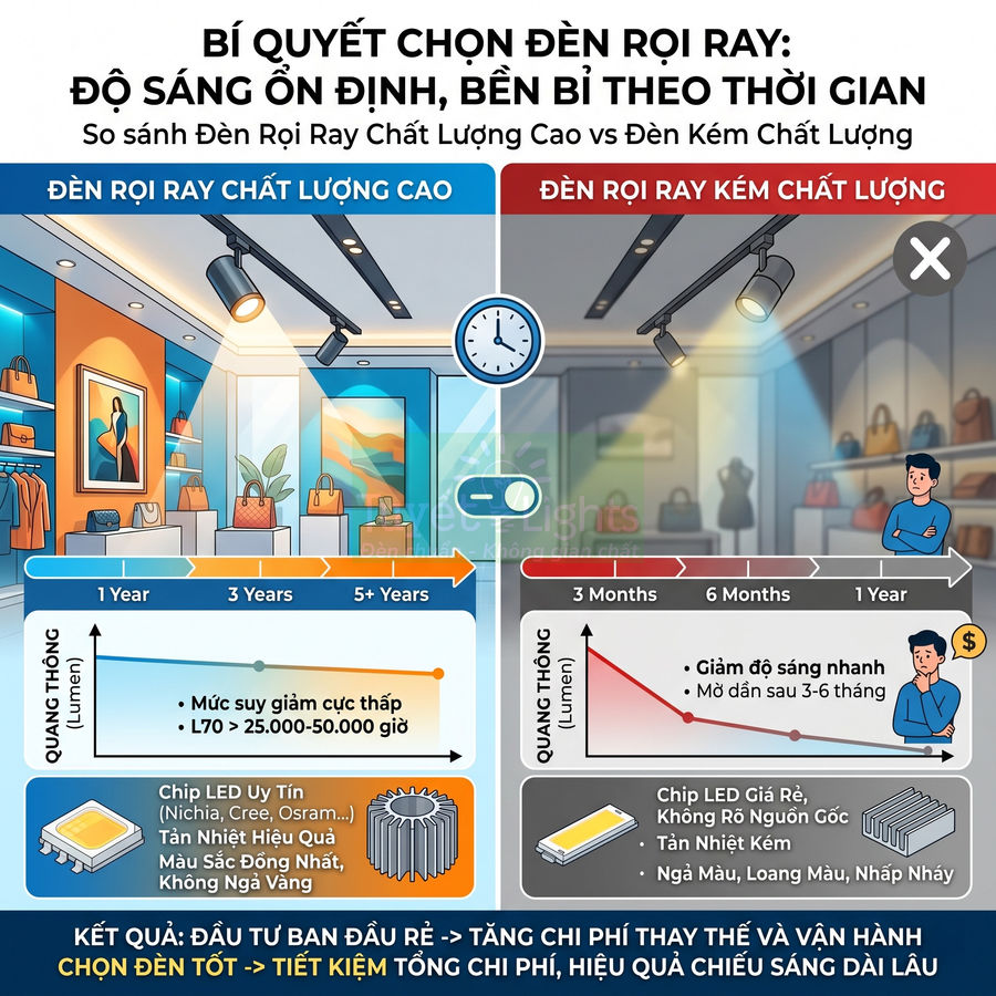 So sánh đèn rọi ray LED chất lượng cao và đèn rọi ray kém chất lượng về độ sáng và độ bền