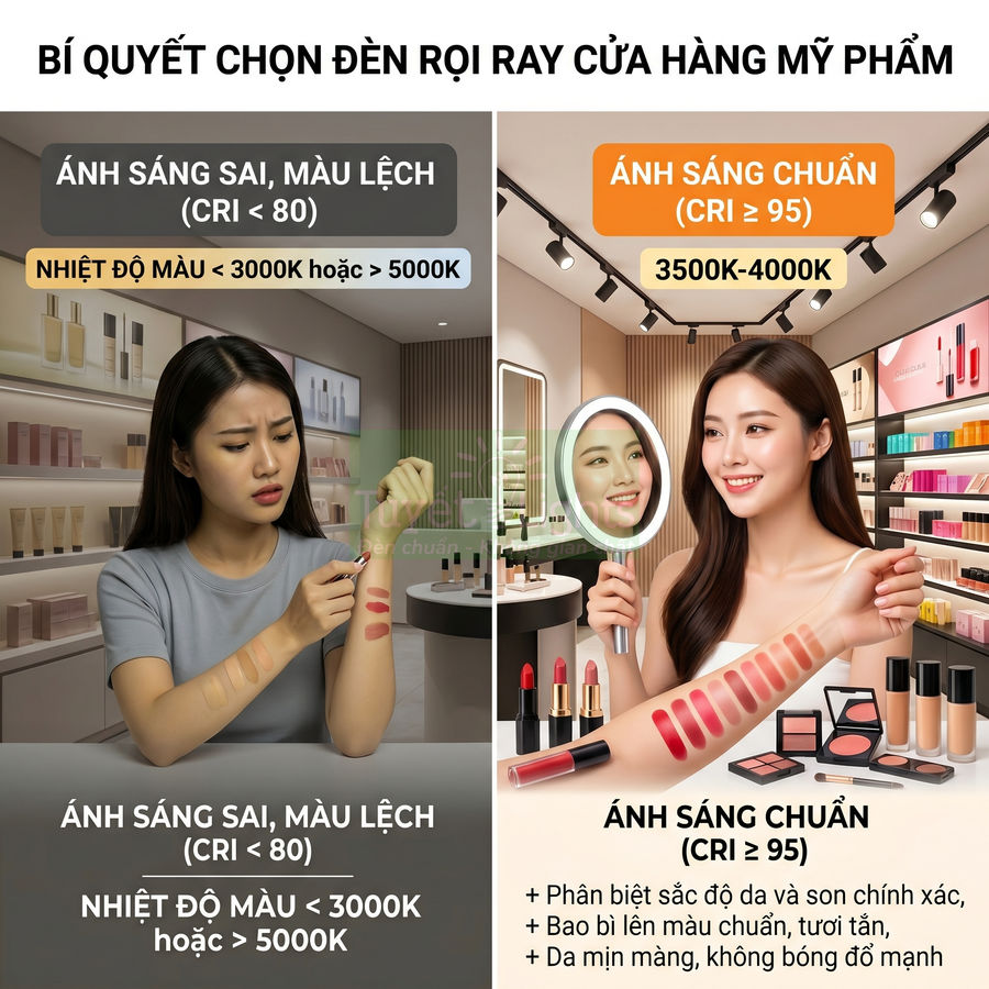 So sánh ánh sáng sai và ánh sáng chuẩn khi thử son môi và mỹ phẩm trong cửa hàng, làm nổi bật đèn rọi ray CRI cao