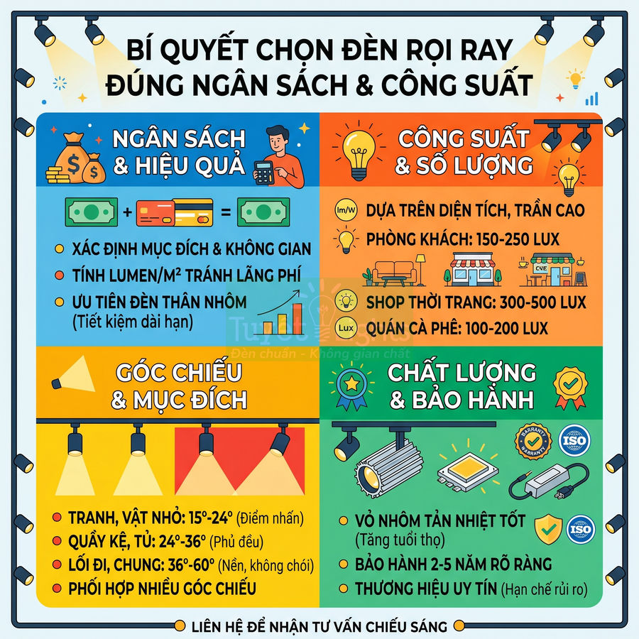 Infographic bí quyết chọn đèn rọi ray theo ngân sách, công suất, góc chiếu và chất lượng bảo hành