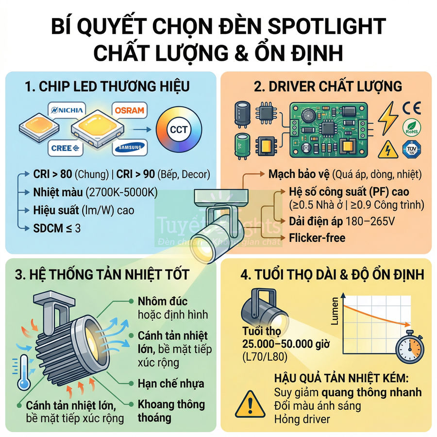 Hướng dẫn chọn đèn spotlight LED chất lượng với chip Nichia, Osram, Cree, Samsung và hệ thống tản nhiệt, driver bền ổn định