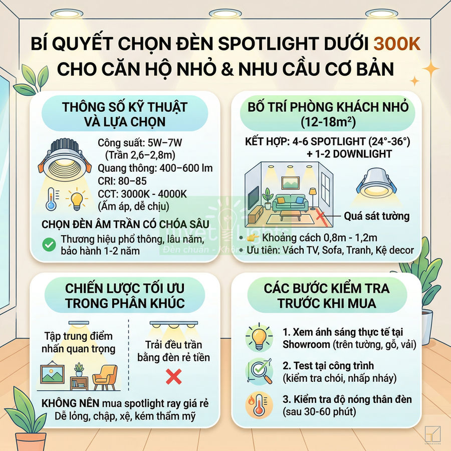 Infographic bí quyết chọn đèn spotlight âm trần giá rẻ cho căn hộ nhỏ và nhu cầu chiếu sáng cơ bản