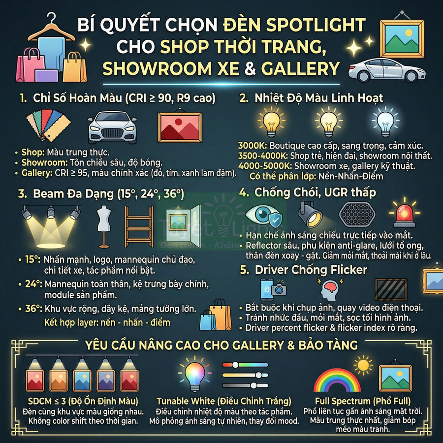 Infographic bí quyết chọn đèn spotlight cho shop thời trang, showroom xe và gallery trưng bày