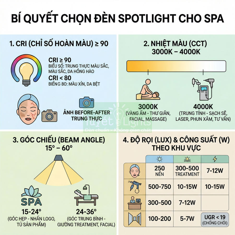 Hướng dẫn chọn đèn spotlight spa với chỉ số CRI, nhiệt màu, góc chiếu và độ rọi phù hợp từng khu vực