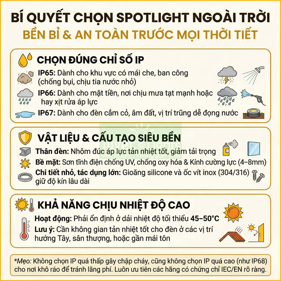 Hướng dẫn chọn đèn spotlight ngoài trời bền, an toàn với chỉ số IP, vật liệu và khả năng chịu nhiệt cao