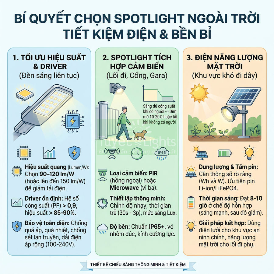 Infographic bí quyết chọn đèn spotlight ngoài trời tiết kiệm điện, gồm đèn LED, spotlight cảm biến và đèn năng lượng mặt trời