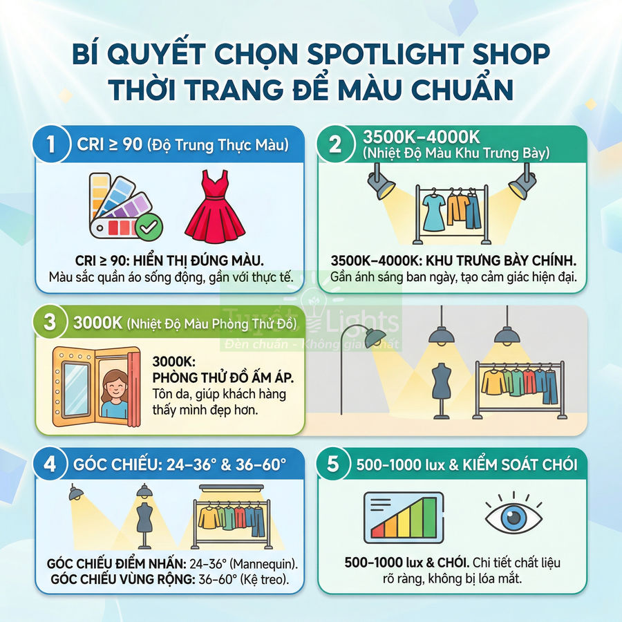 Infographic bí quyết chọn đèn spotlight cho shop thời trang với các tiêu chí CRI, nhiệt độ màu, góc chiếu và độ sáng