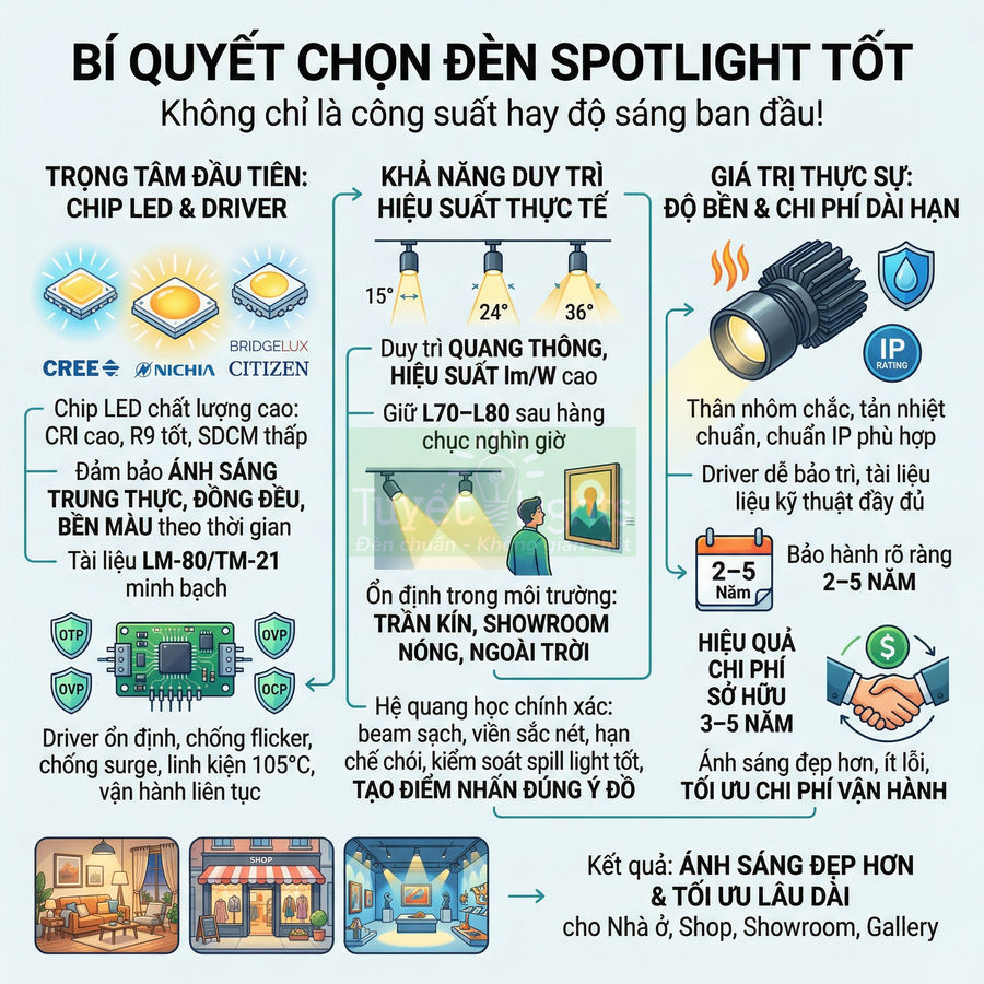 Tiêu chí đánh giá một chiếc đèn spotlight tốt