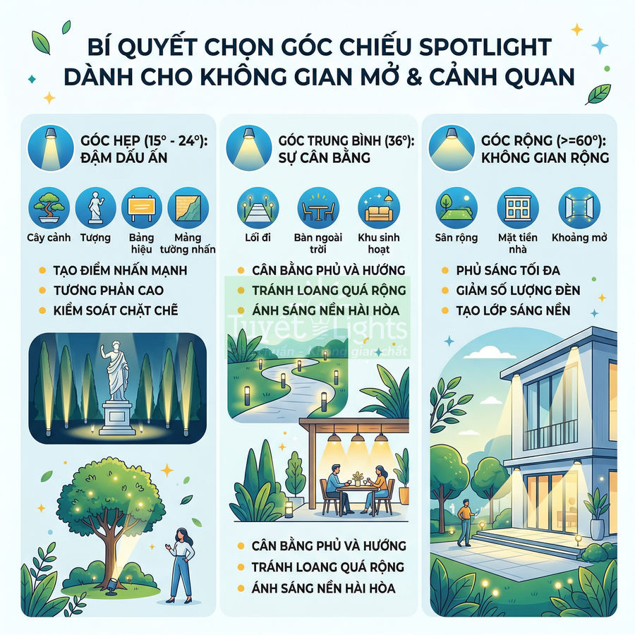 Infographic bí quyết chọn góc chiếu đèn spotlight cho sân vườn, lối đi, mặt tiền nhà và không gian ngoài trời