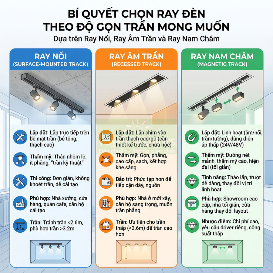 So sánh ray đèn ray nổi, ray âm trần và ray nam châm cho trần nhà gọn đẹp