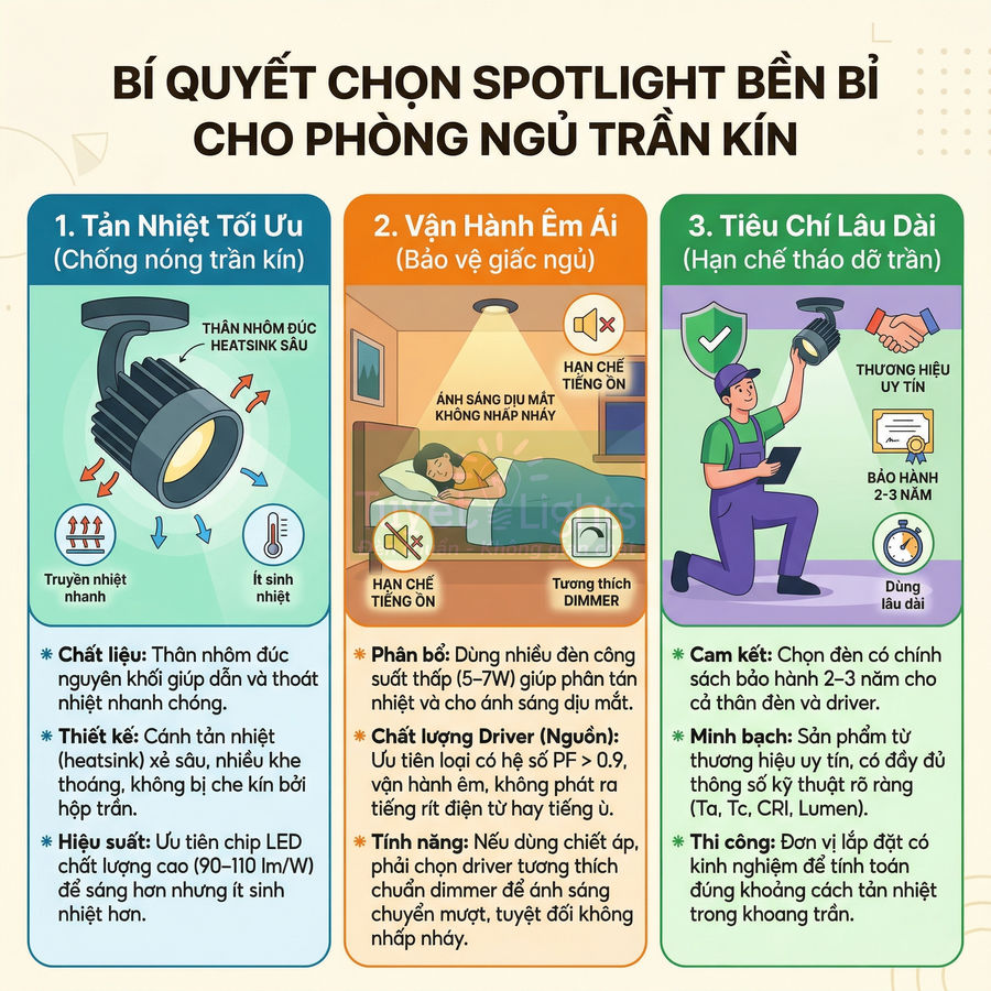 Hướng dẫn chọn đèn spotlight LED bền bỉ cho phòng ngủ trần kín với các tiêu chí tản nhiệt, êm ái và độ bền