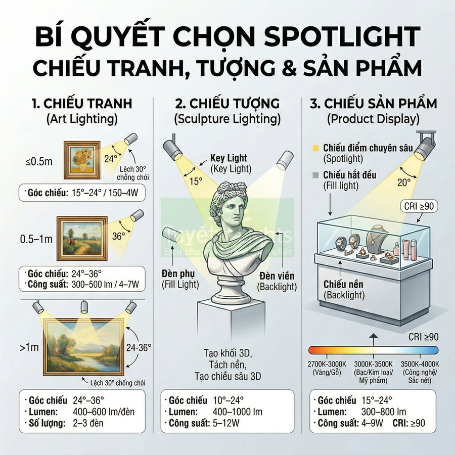 Hướng dẫn chọn đèn spotlight chiếu tranh, tượng và tủ trưng bày sản phẩm trang sức trong nhà