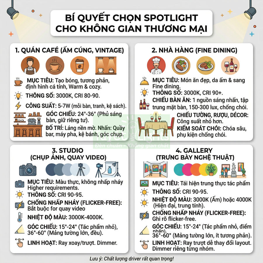 Infographic bí quyết chọn đèn spotlight cho quán cafe, nhà hàng, studio và gallery trong không gian thương mại