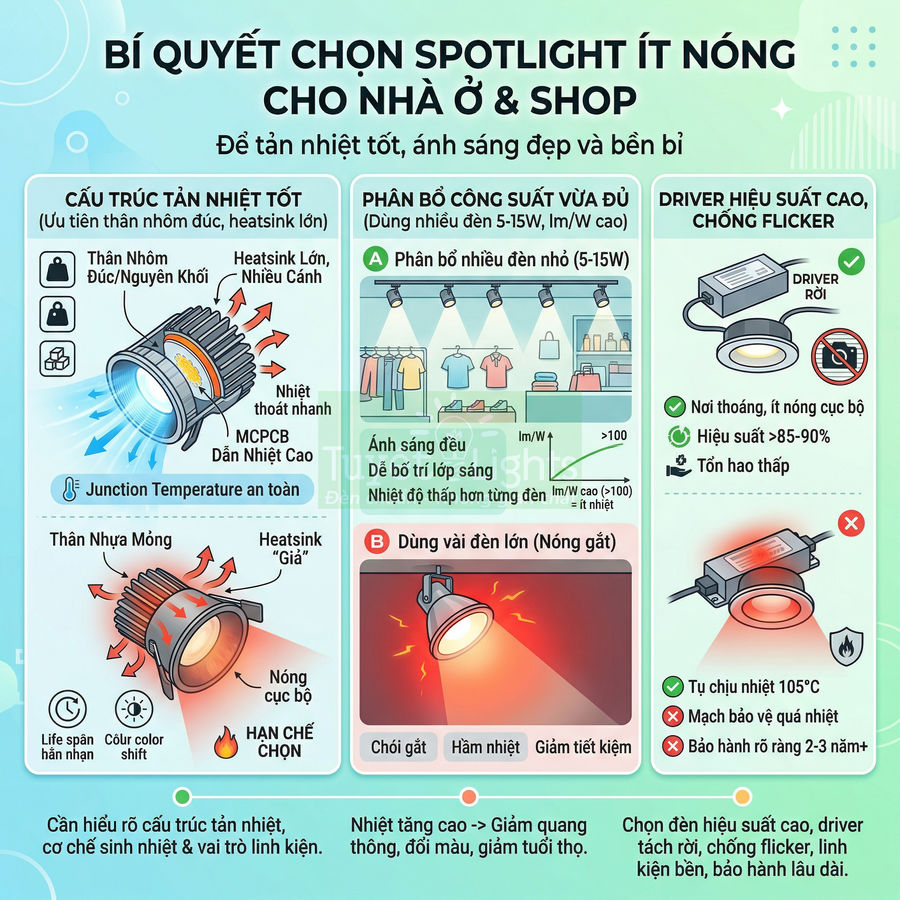 Infographic bí quyết chọn đèn spotlight ít nóng cho nhà ở và shop với cấu trúc tản nhiệt và driver hiệu suất cao