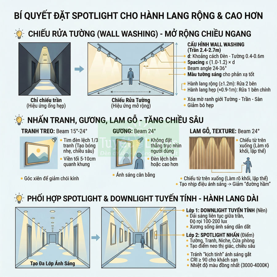 Infographic hướng dẫn bố trí đèn spotlight và downlight cho hành lang rộng, cao và tăng chiều sâu không gian
