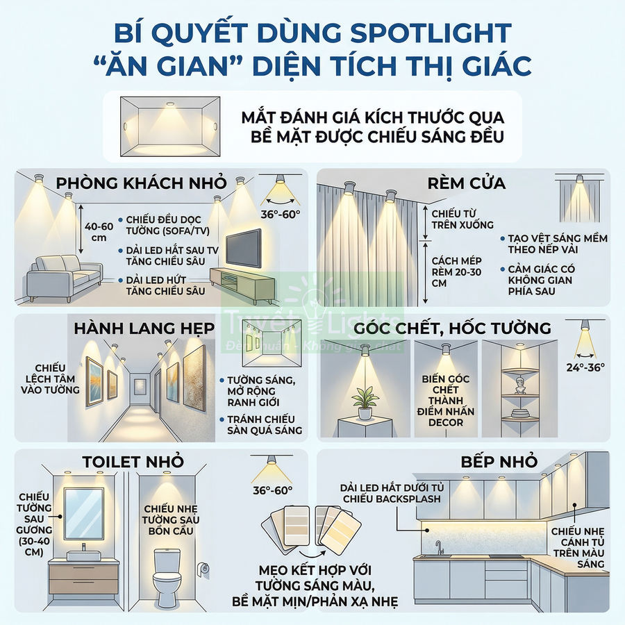 Infographic hướng dẫn bố trí đèn spotlight cho phòng khách, bếp, hành lang và toilet nhỏ để nới rộng diện tích thị giác