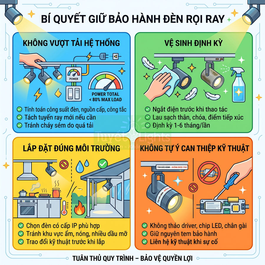 Hướng dẫn sử dụng và bảo dưỡng đèn rọi ray đúng cách để giữ bảo hành và tăng độ bền sản phẩm