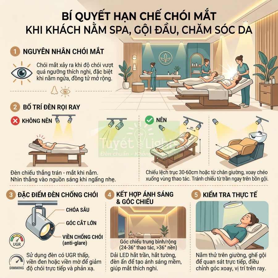 Infographic hướng dẫn bố trí đèn rọi ray chống chói mắt cho khách nằm spa, gội đầu, chăm sóc da