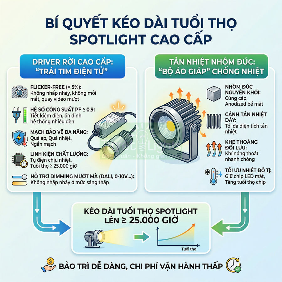 Infographic spotlight LED cao cấp với driver rời và tản nhiệt nhôm đúc giúp tăng tuổi thọ trên 25000 giờ