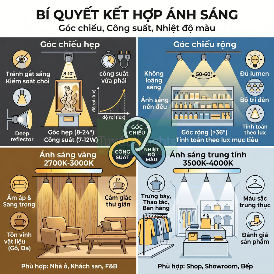 Infographic hướng dẫn chọn góc chiếu, công suất và nhiệt độ màu đèn LED cho nhà ở, cửa hàng, showroom